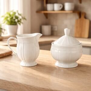 Mikasa White Porcelain Creamer & Sugar Bowl Set w Lid HK400 Ribbed